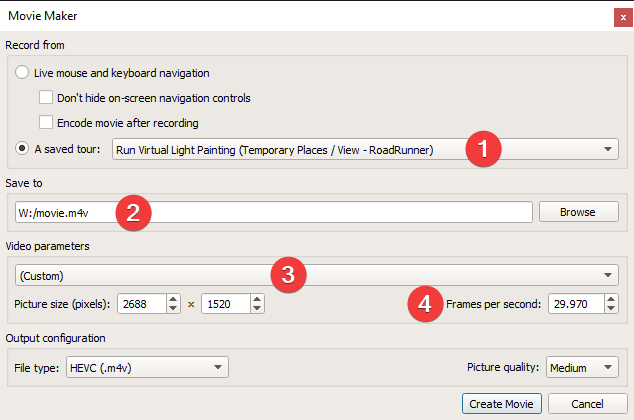 A Google Earth Pro screen capture of the movie maker dialog