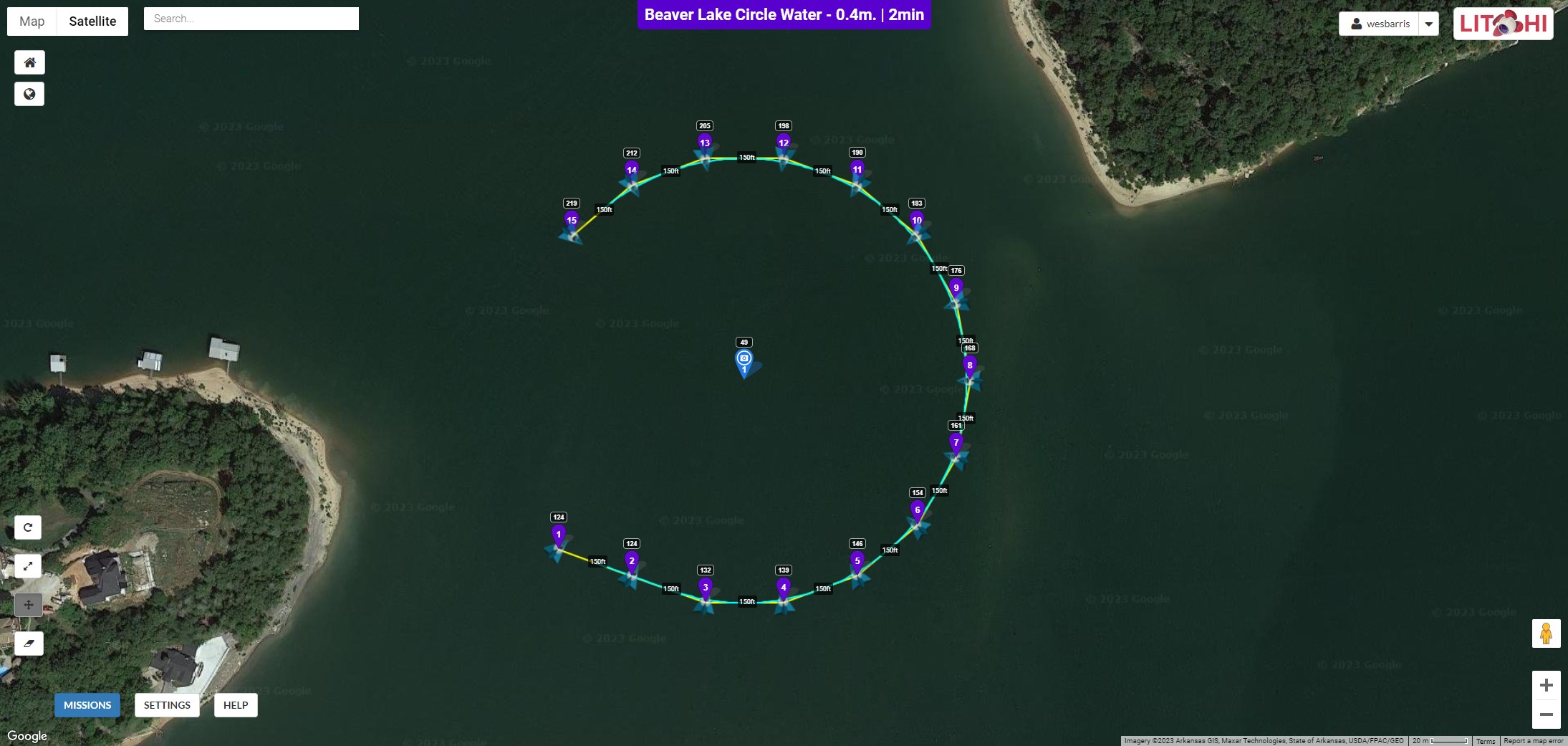 A Litchi Mission Hub screen capture showing a circular viewing waypoint mission