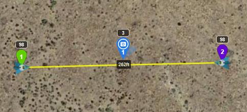 A snapshot of Litchi's Mission Hub showing two waypoints with a POI between them